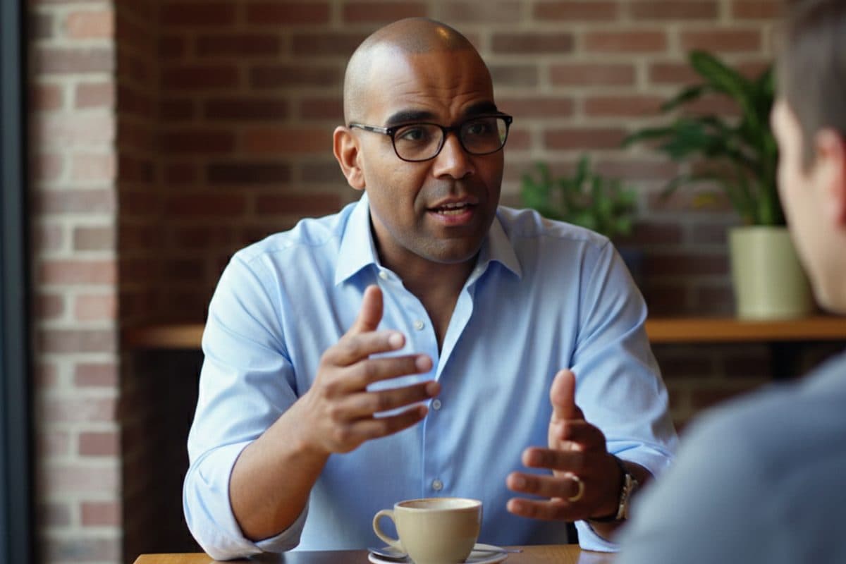 Stéphane Tonnelier en conversation, expliquant sa méthode