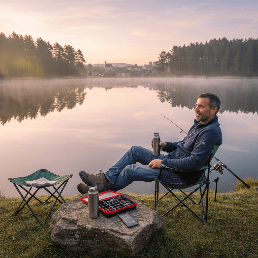 Un homme pêche tranquillement au bord d'un lac à l'aube — son téléphone est posé sur un rocher, ignoré