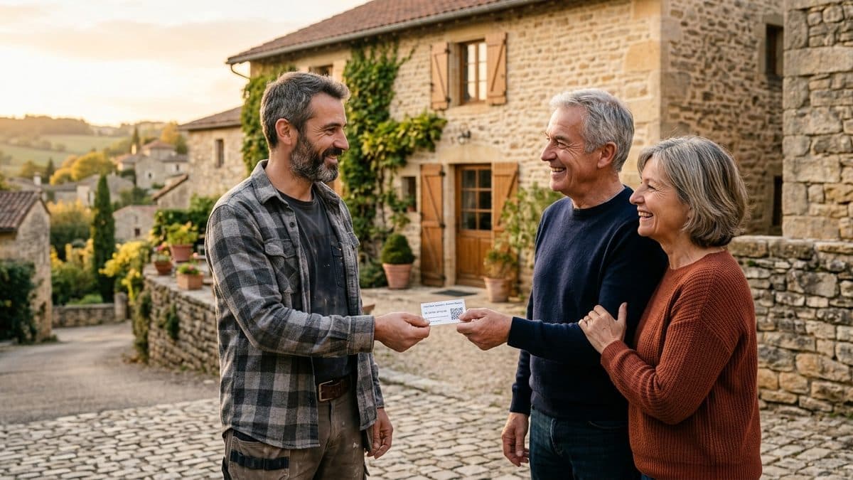 Artisan présentant un QR code imprimé à un client satisfait à la fin d'un chantier