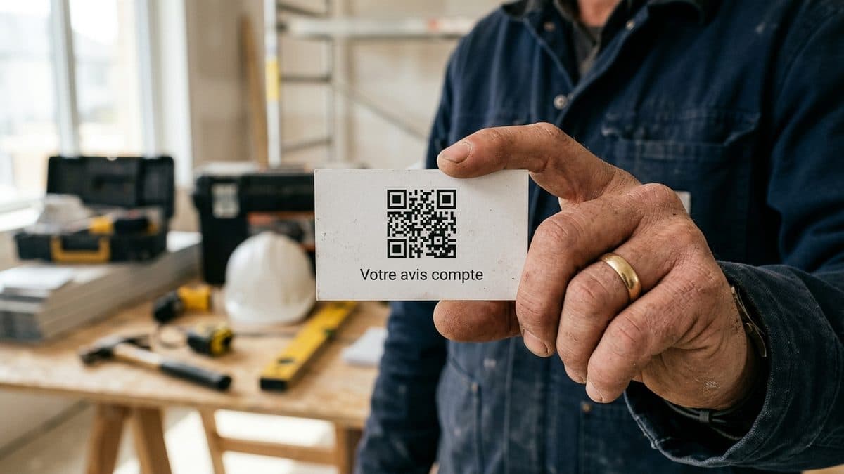 Artisan couvreur présentant une carte avec QR code à un client satisfait devant une maison rénovée