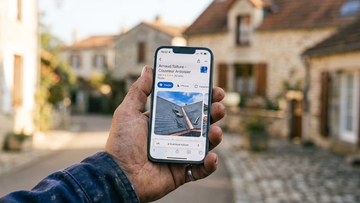Smartphone affichant la fiche Google Business Profile d'un artisan avec plus de cinquante avis cinq étoiles