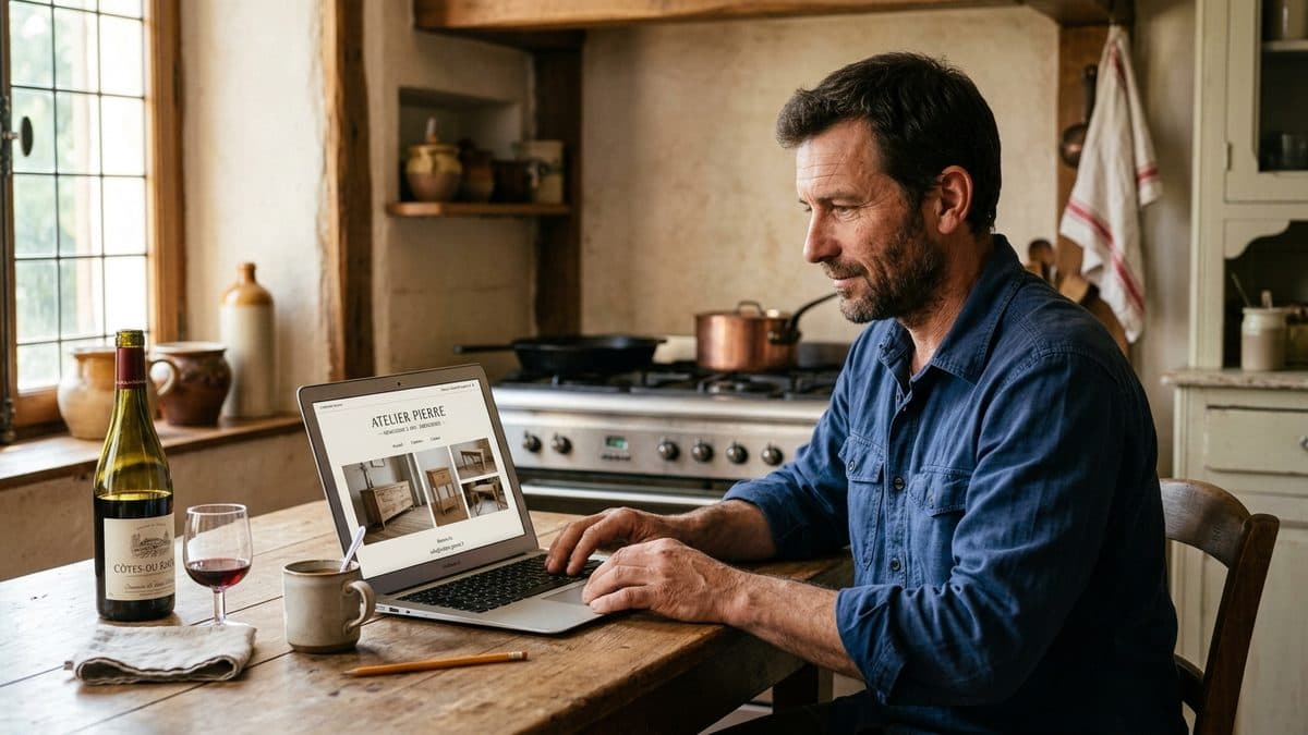 Artisan consultant la maquette de son futur site web sur un ordinateur portable