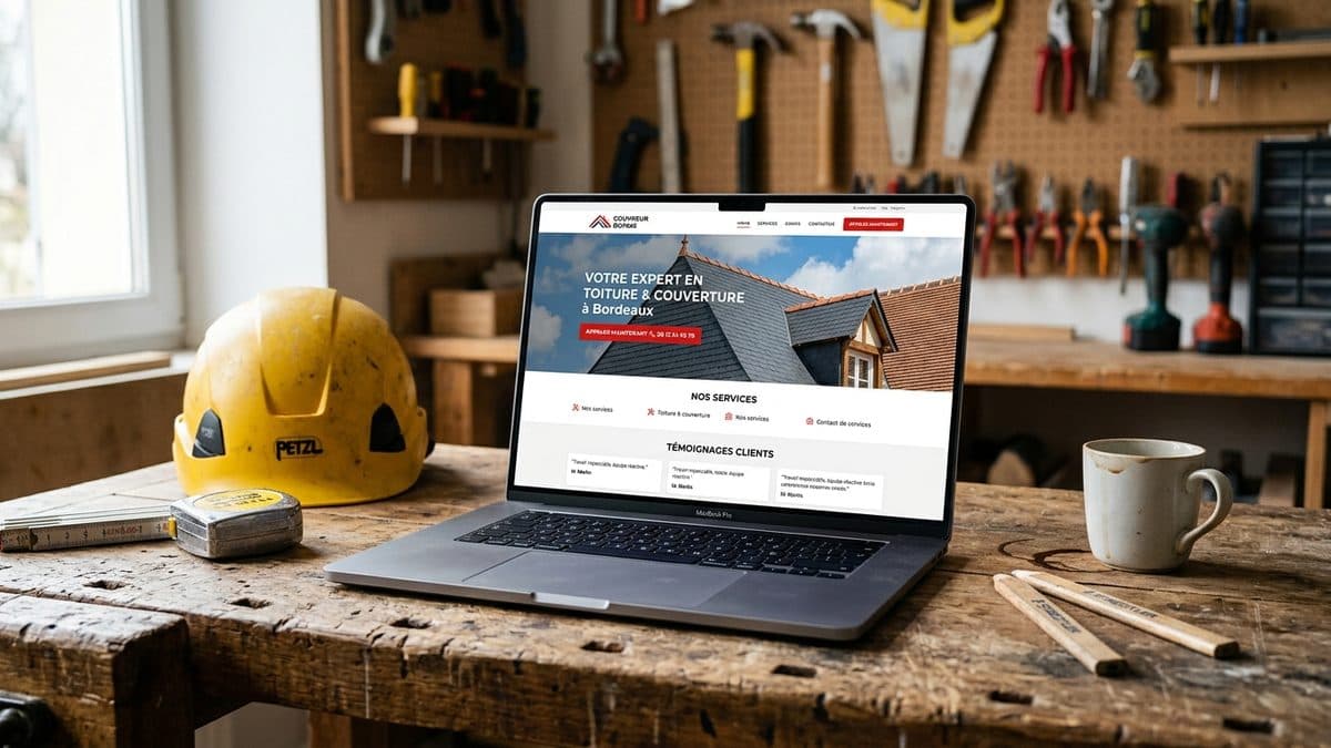 Maquette d'un site web d'artisan couvreur affiché sur un ordinateur portable posé sur un bureau en bois