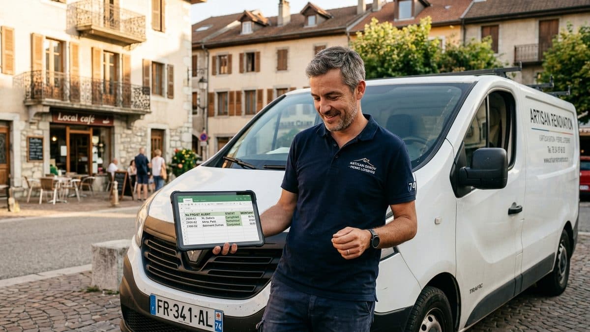 Artisan couvreur consultant ses statistiques de site web sur une tablette dans son atelier