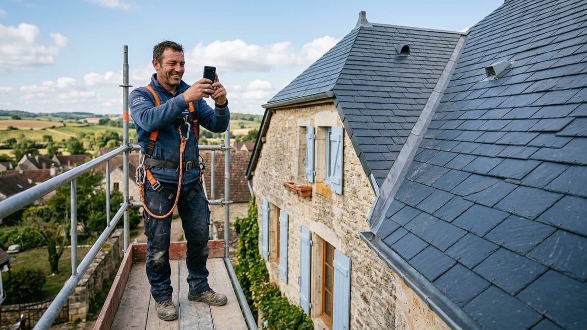 Couvreur prenant en photo une toiture refaite en ardoise depuis un échafaudage