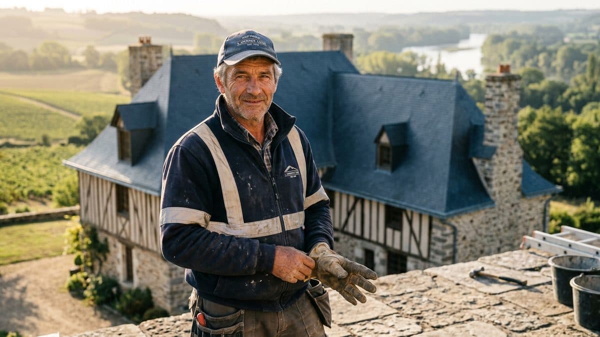 Couvreur français inspectant une toiture en ardoise restaurée sur une maison de campagne