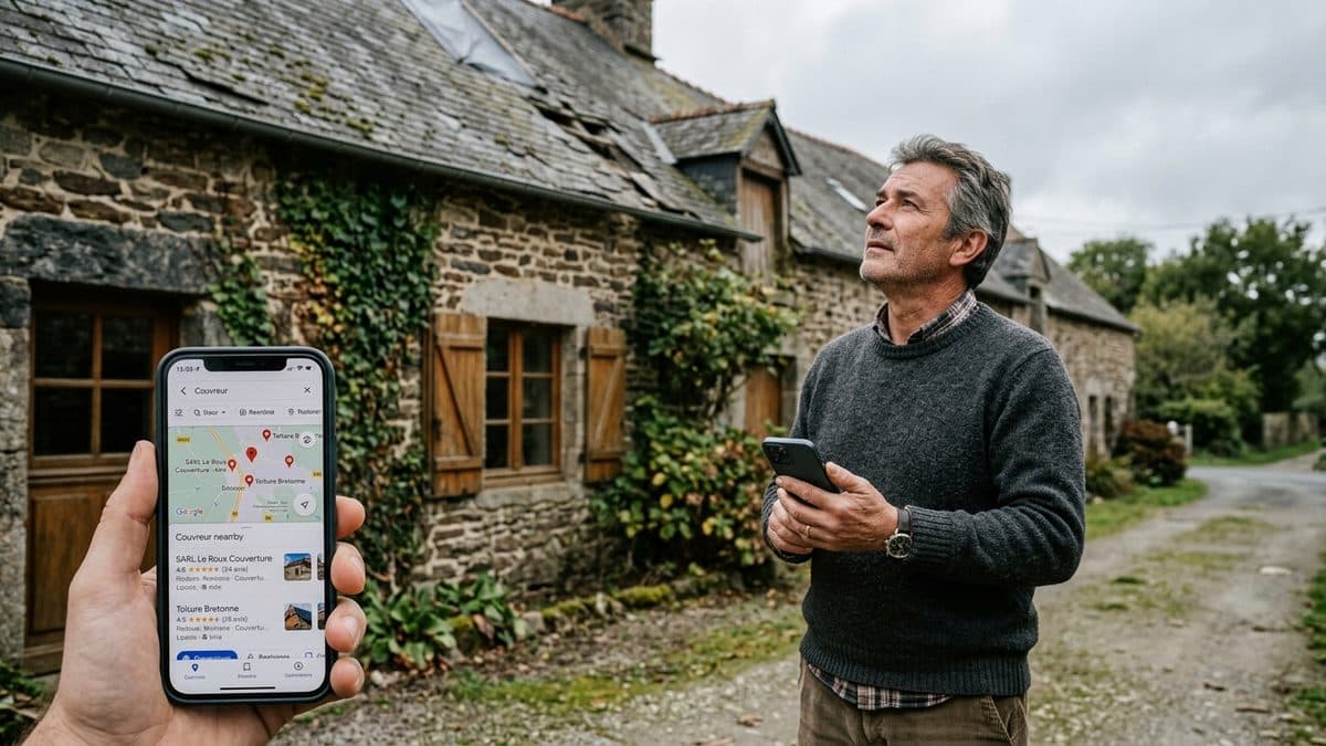 Propriétaire consultant son smartphone devant sa maison avec une toiture endommagée