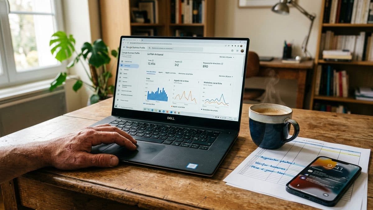 Tableau de bord Google Business Profile affichant les statistiques d'une fiche artisan avec graphiques de performance
