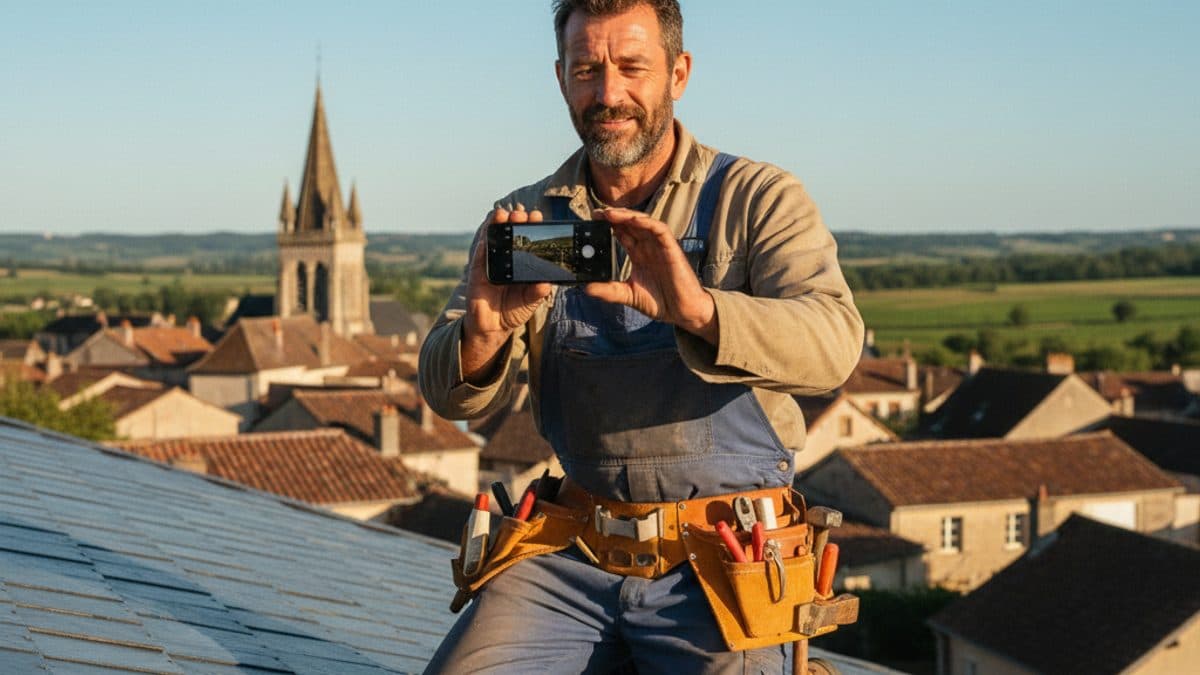 Artisan couvreur photographiant un chantier de rénovation de toiture terminé avec son smartphone