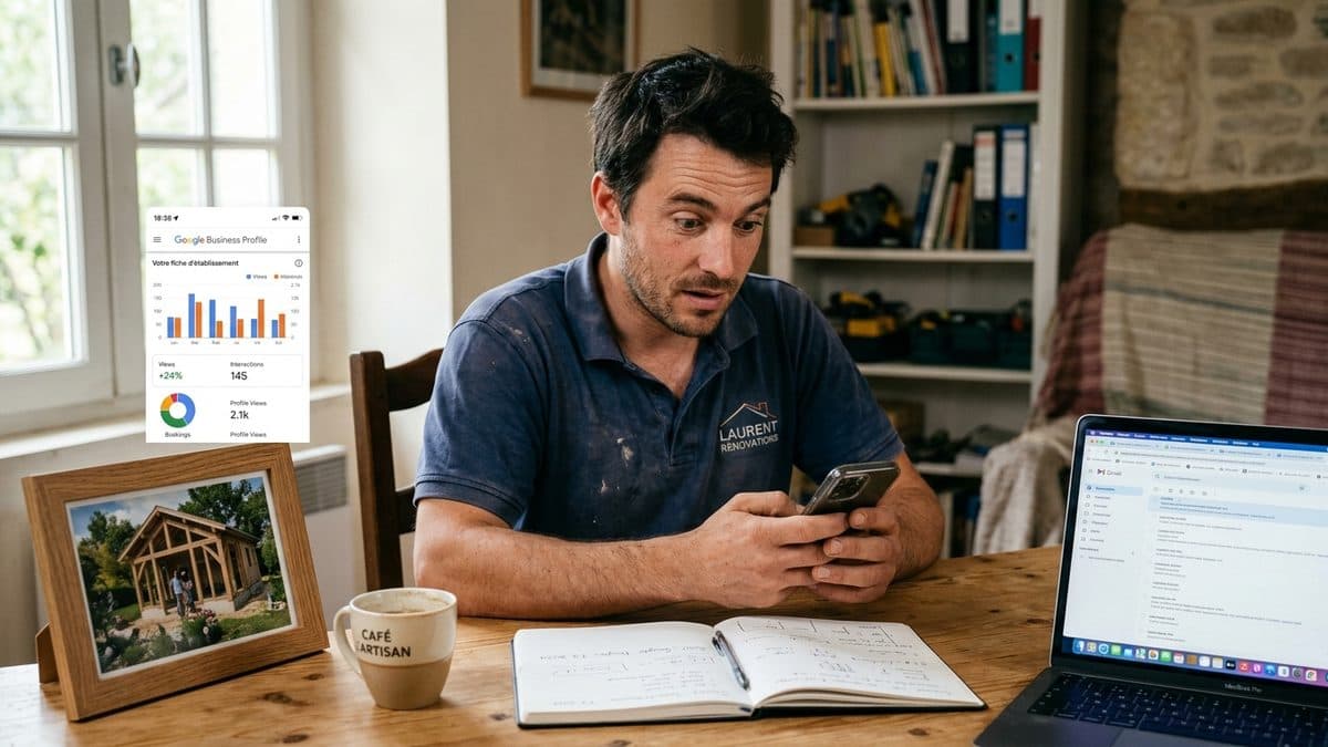 Artisan consultant le tableau de bord Google Business Profile de son entreprise sur smartphone