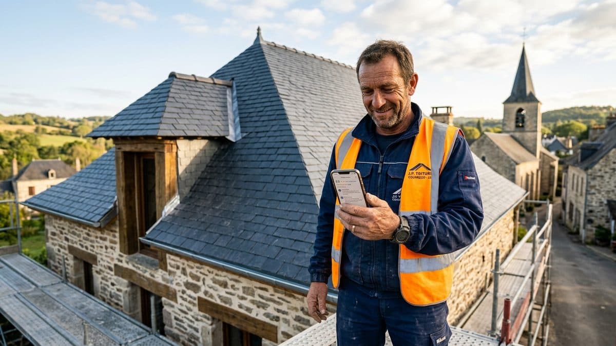 Artisan couvreur consultant son téléphone devant un chantier de rénovation de toiture