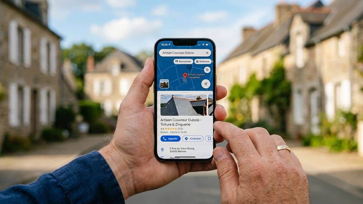 Écran de smartphone affichant une fiche Google Business Profile d'un couvreur avec avis 5 étoiles