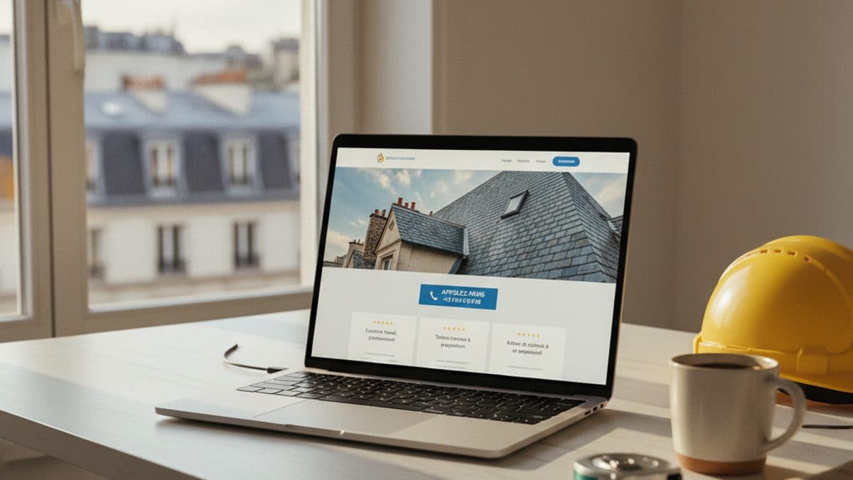 Site web professionnel d'un artisan couvreur affiché sur un ordinateur portable dans un bureau