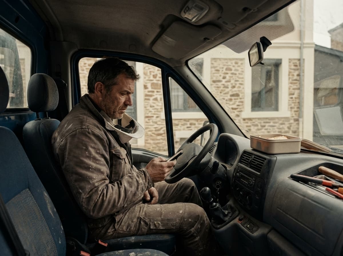 Un façadier dans son van, téléphone silencieux malgré son excellent travail