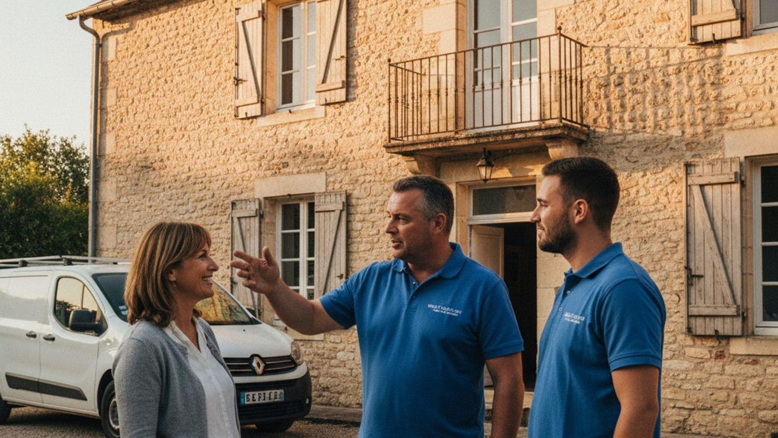 Artisan et ses ouvriers accueillis par des propriétaires devant leur maison