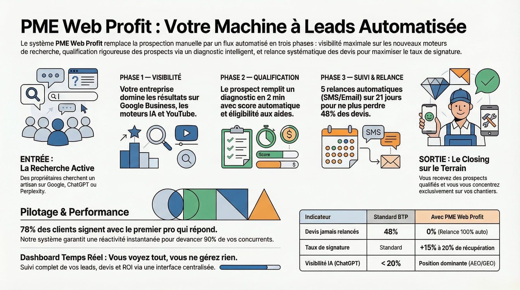 Infographie : le système PME Web Profit — de la recherche Google au chantier signé en 3 phases automatisées